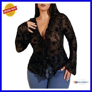 Plus Size Floral Lace Sheer Tie Front Bell Sleeve Tee